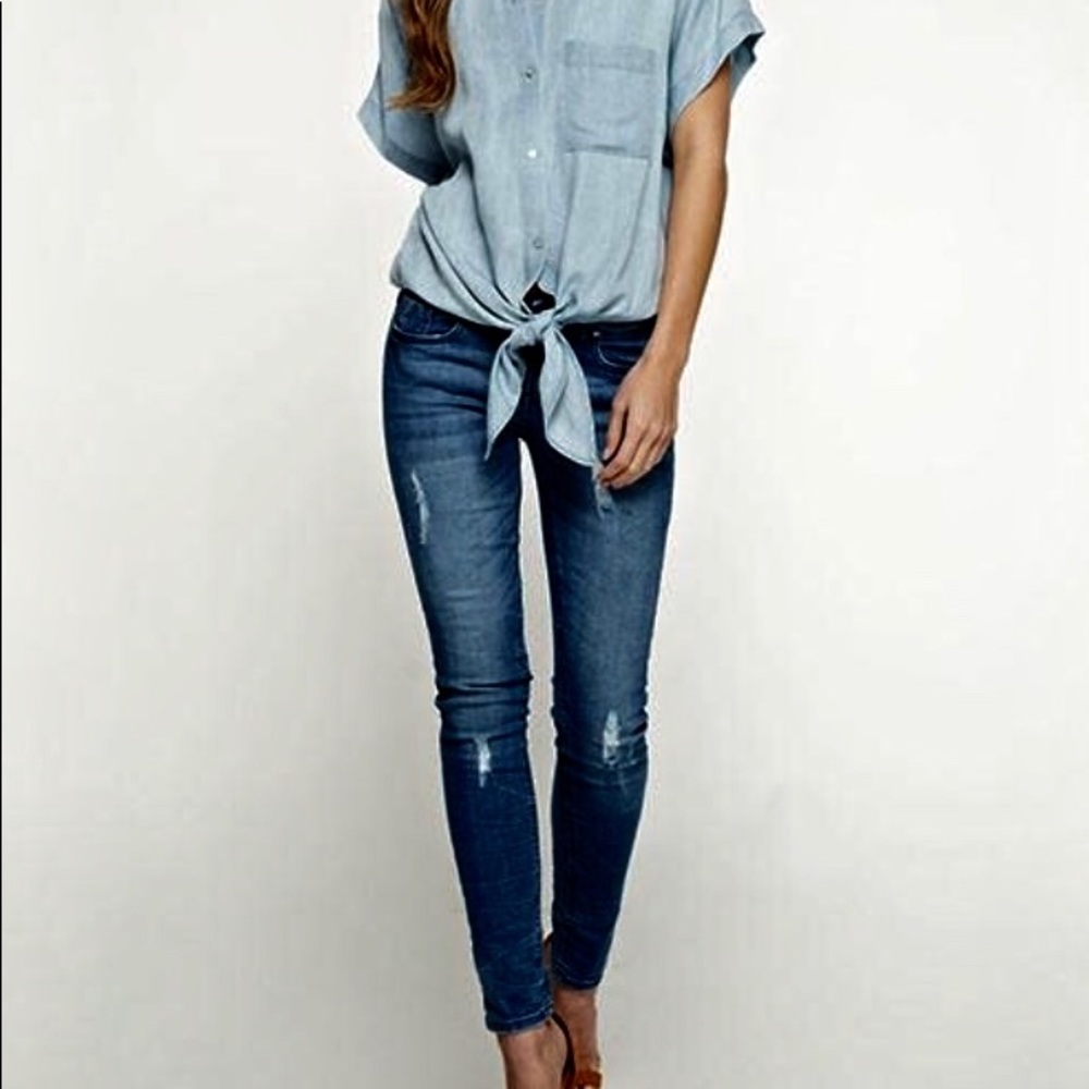 NWT Lovestitch - Denim Tie Front Button Top - Sz M - Picture 2 of 8